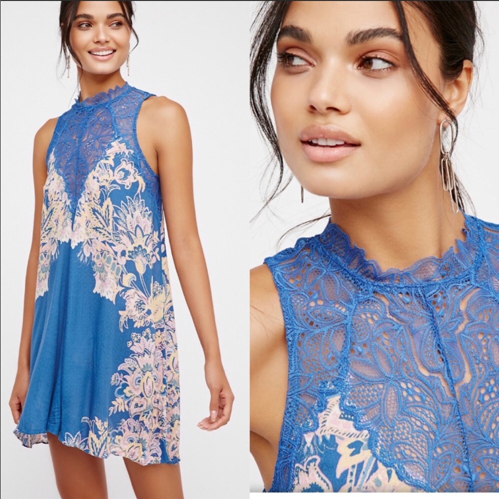 New FREE PEOPLE Printed Lace Mock Neck Dress NWT - Picture 2 of 4